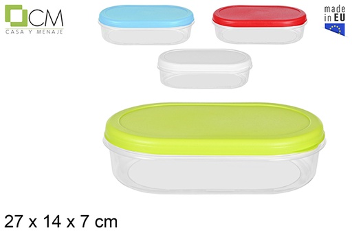 [105401] Boîte à lunch ovale avec couvercle couleurs assorties 27x14 cm