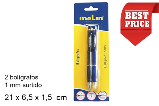 [202091] Blister 2 retractable ball point pens assorted 1 mm