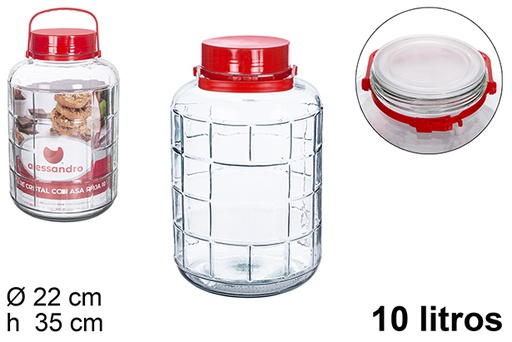 [104499] Bocal en verre avec anse rouge 10 l.