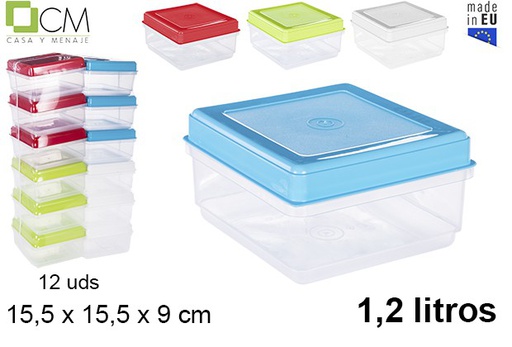 [105684] Boîte à lunch carrée avec couvercle couleurs assorties 1,2 l.