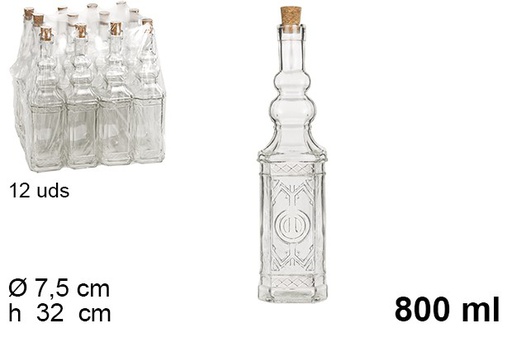 [105605] Flacon carré en verre naturel avec bouchon en liège 800 ml