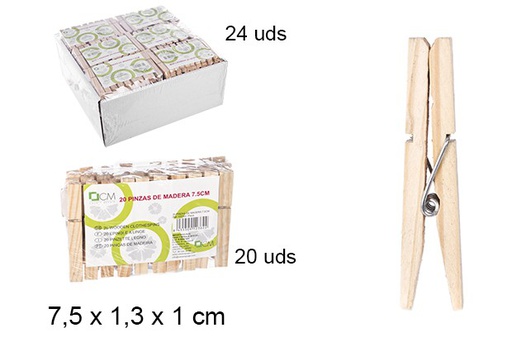 [102362] Pack 20 prendedores de roupa de madeira 7,5 cm