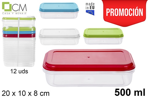 [105812] Rectangular lunch box with assorted colors lid 500 ml