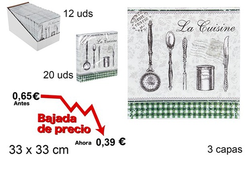 [105704] Pack 20 serviettes de table décorées 3 épaisseurs 33 cm