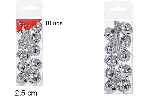 [107115] Pack 10 silver glitter bells 2,5 cm