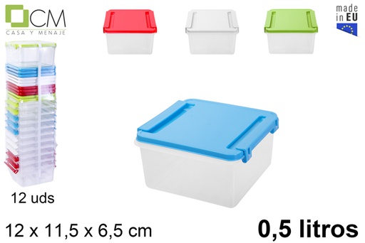 [106230] Boîte à lunch carrée avec fermeture à couvercle couleurs assorties 0,5 l.