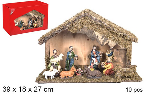 [106263] Nativity scene 10 pieces wooden manger 39x18 cm