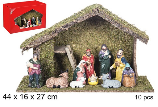 [106267] Nativity 10 pieces wooden manger 44x16x27 cm