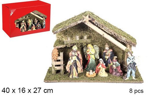 [106269] Nativity scene 8 pieces wooden manger 40x16 cm