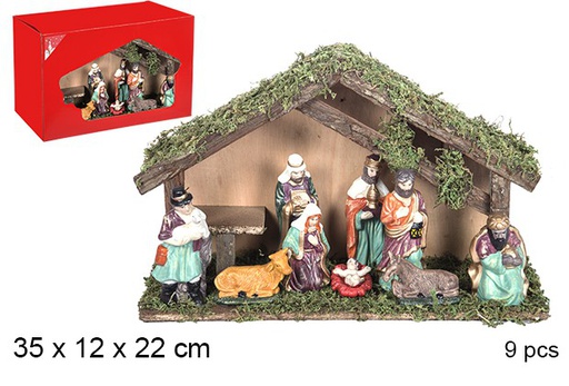 [106272] Nativité 9 pièces Crèche en bois 35x12x22 cm