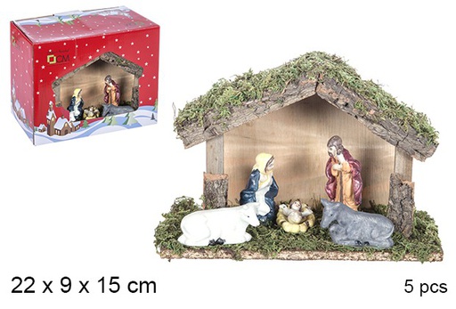 [106279] Nativity scene 5 pieces wooden manger 22x9x15 cm