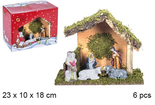 [106283] Nativity scene  pieces wooden manger with Led light 23x10 cm