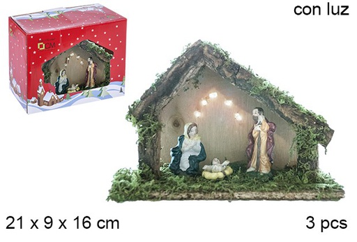 [106286] Nacimiento 3 piezas pesebre madera con luz LED