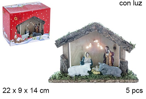 [106287] Nacimiento 5 piezas pesebre madera con luz LED