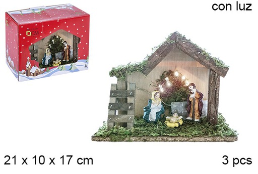 [106288] Nacimiento 3 piezas pesebre madera con luz LED