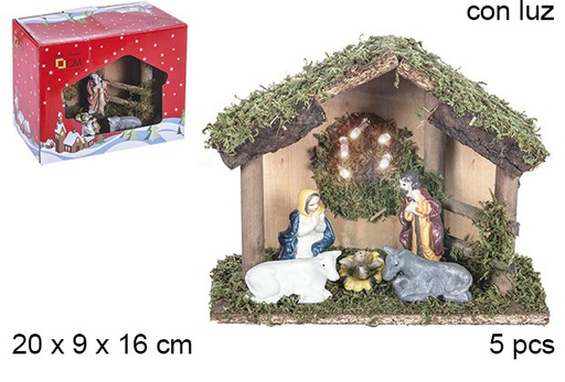 [106289] Wooden Nativity scene 5 piece with LED light