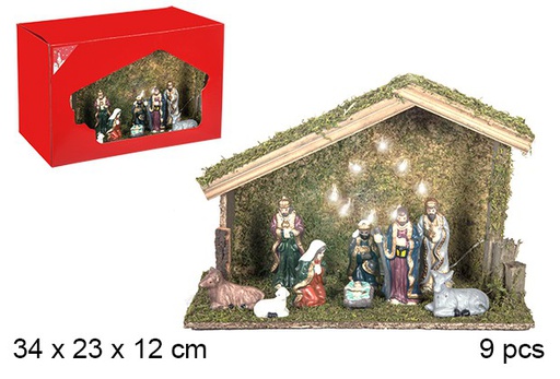 [106290] Nativity scene 9 pieces wooden manger with LED light