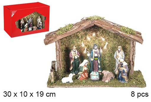 [106292] Nacimiento 8 piezas pesebre madera con luz LED