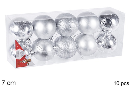 [106822] Pack 10 bolas plata brillo/mate/purpurina 7 cm