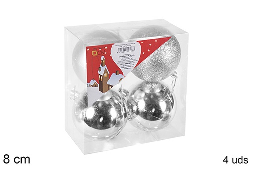 [106840] Pack 4 shiny/matte/glitter silver bauble 8 cm