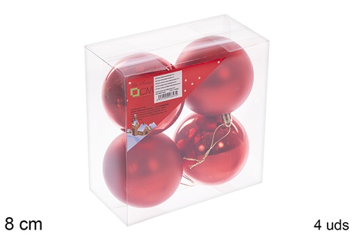 [106843] Pack 4 boules rouges brillantes/mates 8 cm