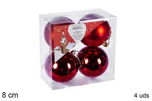 [106843] Pack 4 boules rouges brillantes/mates/à paillettes 8 cm