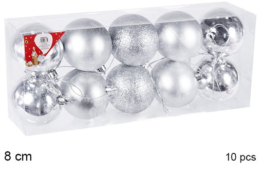 [106868] Pack 10 palline argento lucide/opache/glitterati 8 cm