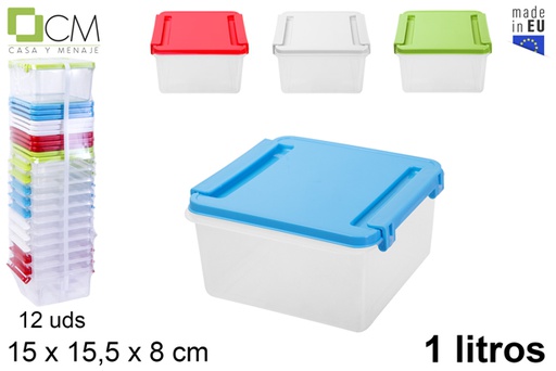 [106234] Contenitore per alimenti plastico quadrato con chiusura a coperchio colori assortiti 1 l.