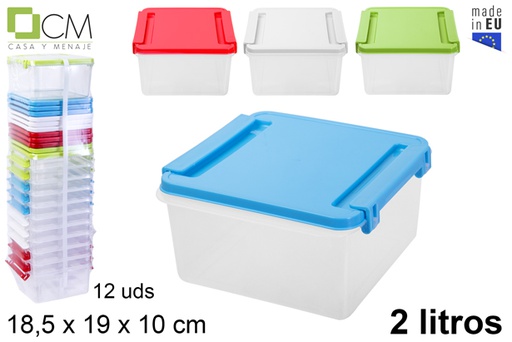 [106236] Boîte à lunch carrée avec fermeture à couvercle couleurs assorties 2 l.