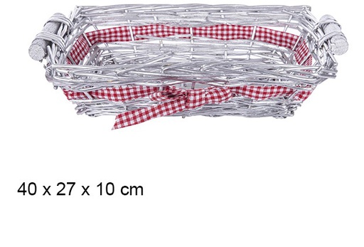 [107491] Cesta de pão retangular prateada com laço 40x27x10 cm