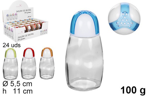 [105445] Glass salt shaker with assorted colors cap 100 gr.