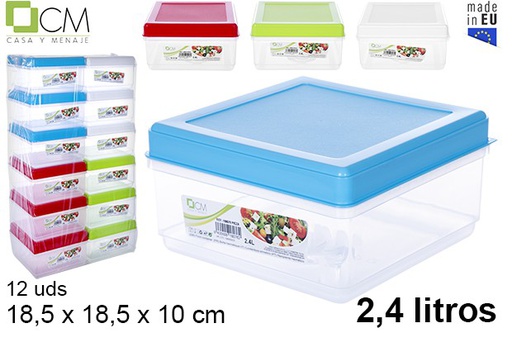 [108076] Boîte à lunch carrée avec couvercle couleurs assorties 2,4 l.