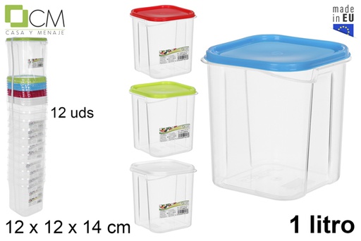 [108078] Boîte à lunch carrée avec couvercle couleurs assorties 1 l.