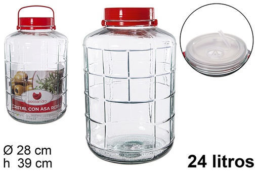 [107884] Bocal en verre avec anse rouge, 24 litres