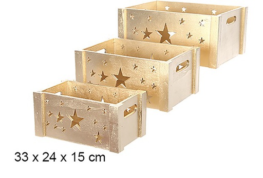 [108907] Pack 3 caixas de madeira douradas decoradas com estrela de Natal 33x24x15 cm