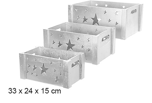 [108908] Pack 3 caisses en bois argentées étoile décorée de Noël 33x24 cm