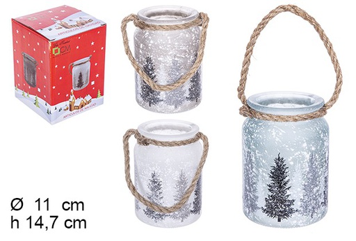 [107872] Pot en verre mat décoré de Noël avec corde assortie 11x11 cm