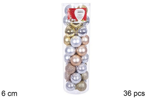 [109235] Pack 36 boules dorées/argentées/ivoire/champagne cylindre 6 cm