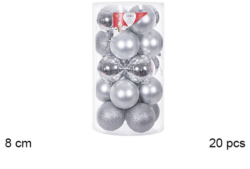 [109238] Pack 20 boules argentées brillantes/mates cylindre 8 cm