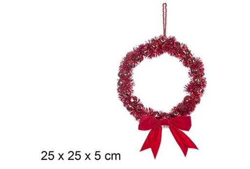 [108063] Corona cascabeles con espumillón roja y lazo rojo Navidad 25 cm