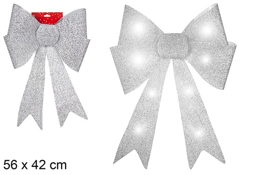 [108969] Silver Christmas bow with LED 56x42 cm