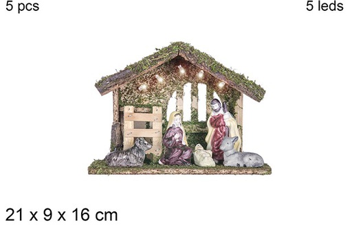 [108740] Nacimiento 5 piezas pesebre madera con 5 LED 21x9 cm