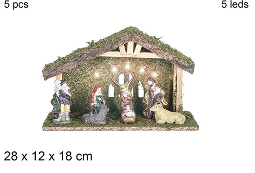 [108742] Nacimiento 5 piezas pesebre madera con 5 LED 28x12x18 cm