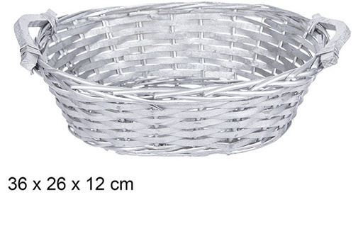 [108825] Cesta mimbre ovalada Navidad con asas plata 36x26 cm