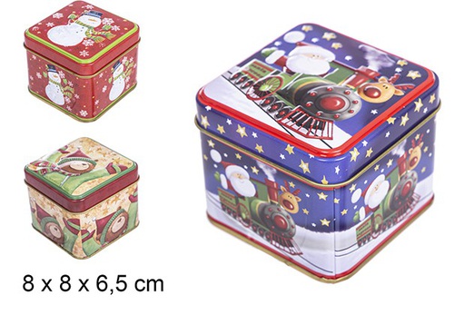 [109474] Caixa quadrada de Natal em metal com decoração variada 8 cm