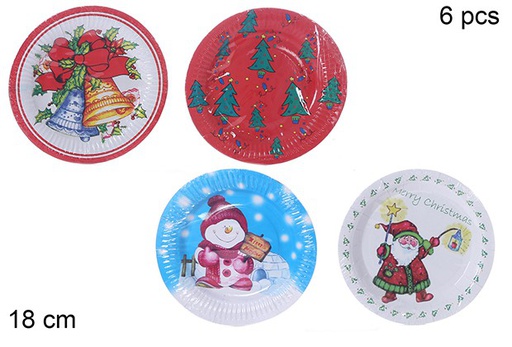 [109657] Pack 6 assorted Christmas decorated disposable plates display 18 cm