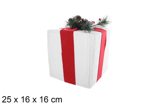 [109710] Paquet cadeau en polystyrène blanc avec noeud rouge et branche verte 25x16 cm