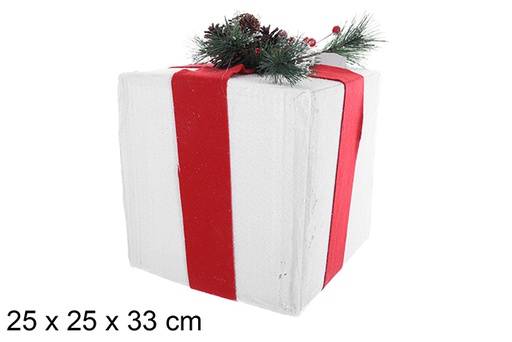 [109711] Confezione regalo in polistirolo bianco con fiocco rosso e ramo verde 25 cm