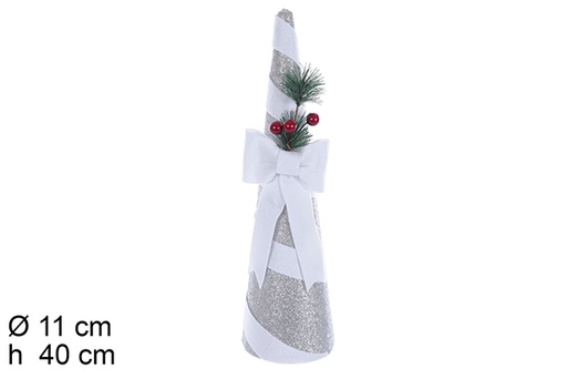 [109712] Árvore cônica poliestireno glitter prata com fita e laço branco 40 cm