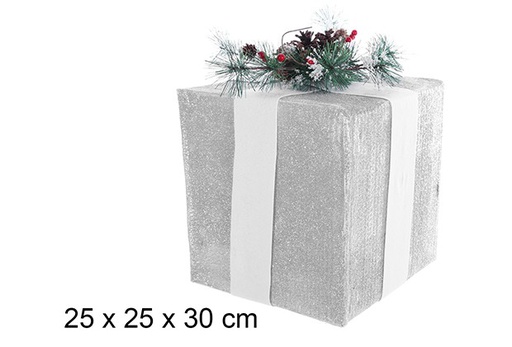 [109714] Glitter silver polystyrene gift package with white bow and green branch 25 cm